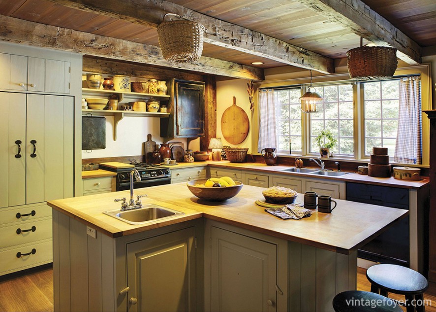 Certain to cause a stir, try using exposed beams to bring character to a small kitchen, coupled with large windows, and wall-mounted shelves for extra storage.