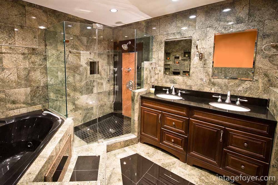 Glass shower, bold, black bathtub, and exquisite floor-to-ceiling tiles